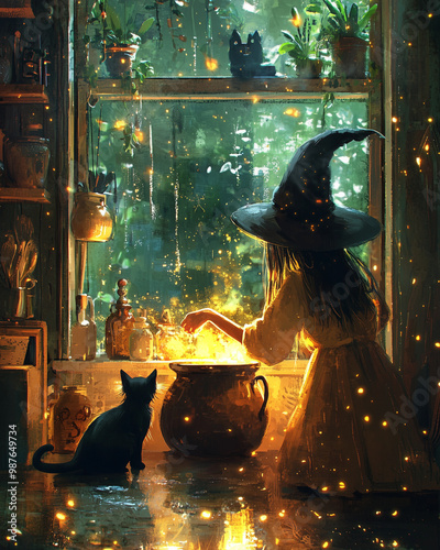 young witch brewing a magical potion in her warm kitchen as her black cat observes the sparkles of enchantment flowing from the cauldron