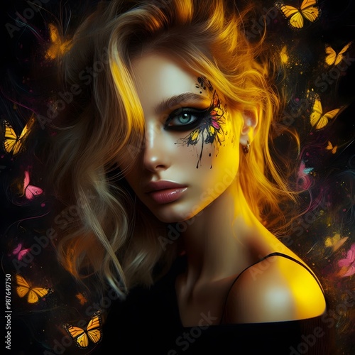 cute young lady with yellow makeup surrounded by butterflies