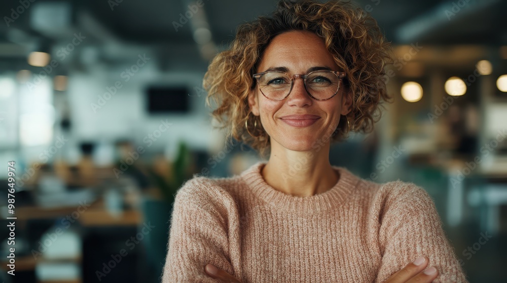A confident woman wearing glasses and a cozy sweater stands with crossed arms in a modern office, reflecting assurance and professionalism. A confident woman wearing glasses and a cozy sweater stands with crossed arms in a modern office, reflecting assurance and professionalism.
