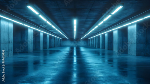 Blue Neon Lights in Concrete Hallway 3D Illustration