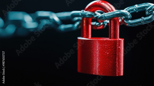 Close-up of a red padlock on a chain against a dark background. photo