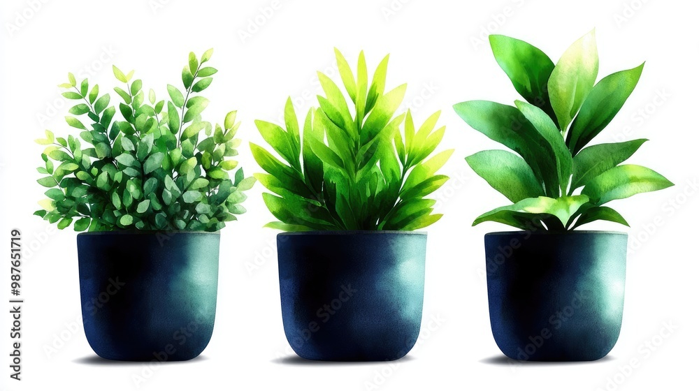 Fototapeta premium Three diverse potted plants against a white isolated background.