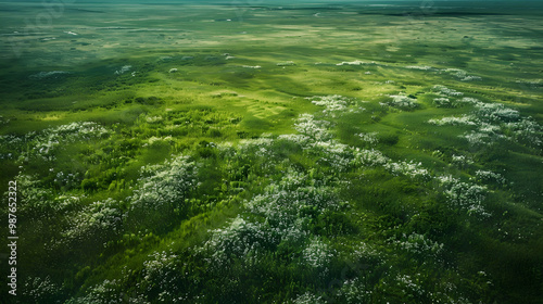 Aerial View of Lush Green Meadow with White Wildflowers