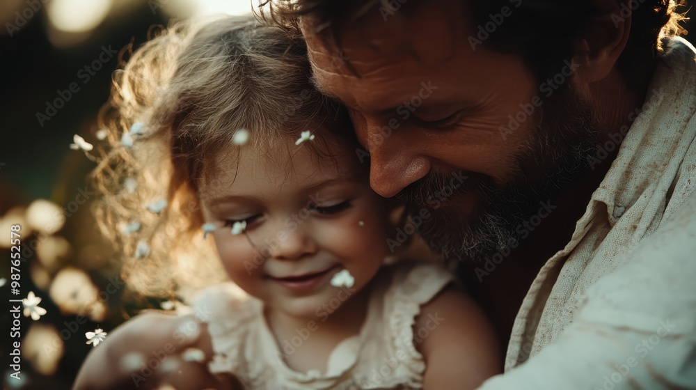 An affectionate embrace between a father and daughter surrounded by gently flowing wildflowers, capturing an intimate moment of pure love and joy.