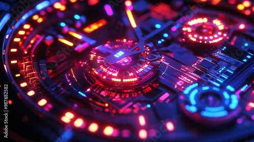 A clock with microchip gears. glowing circuits marking the passage of time in vibrant colors.  photo