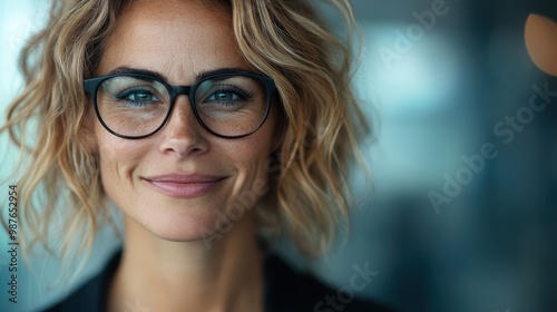 A confident woman with glasses, wearing professional attire, smiles warmly in a modern setting, capturing a blend of intelligence and friendliness.