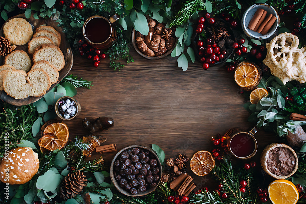 A cozy and festive scene featuring frames adorned with sweet herbs, baked goods, mulled wine, hot chocolate, and traditional holiday dishes, evoking warmth and holiday cheer. A cozy and festive scene featuring frames adorned with sweet herbs, baked goods, mulled wine, hot chocolate, and traditional holiday dishes, evoking warmth and holiday cheer.