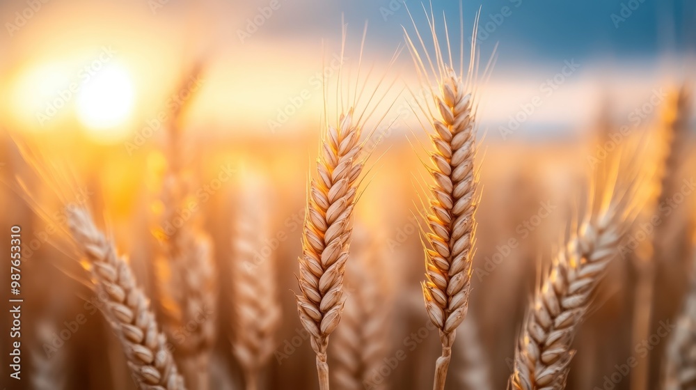 A beautiful close-up shot of wheat stalks bathed in the golden glow of sunset, capturing the natural beauty and serenity of agricultural landscapes. A beautiful close-up shot of wheat stalks bathed in the golden glow of sunset, capturing the natural beauty and serenity of agricultural landscapes.