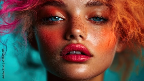 A close-up image focusing on a woman with vivid makeup featuring orange hues and freckles, highlighting her striking blue eyes, radiating creativity and elegance.