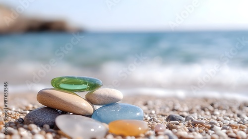 Coastal Serenity Earthy-Toned Glass Pebbles on Rugged Shoreline - Tranquil Beach Scene with Natural Contrast Against Wind-Blown Sand and Gentle Waves photo