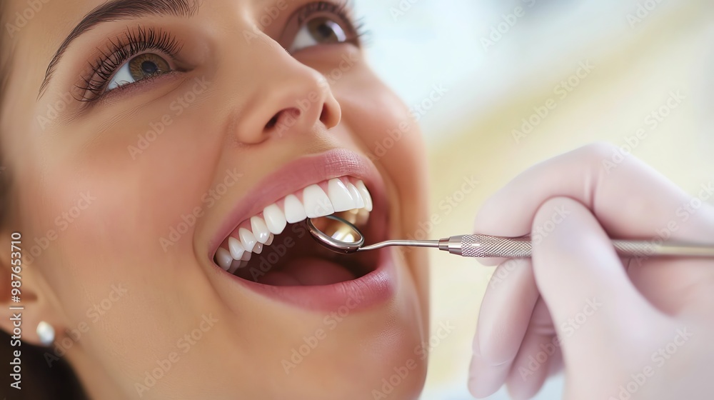 A young woman smiles brightly as a dentist examines her teeth with a mirror. Her white teeth are perfectly aligned and healthy. A young woman smiles brightly as a dentist examines her teeth with a mirror. Her white teeth are perfectly aligned and healthy.