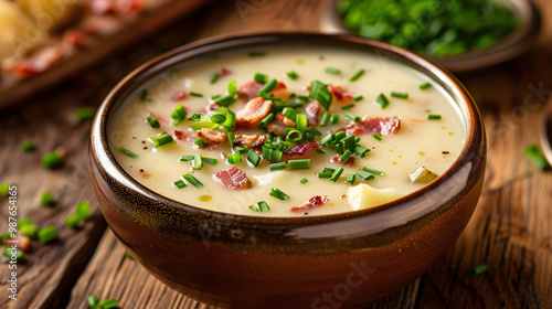 A close-up and horizontal image of a creamy potato leek soup with chives and bacon bits. The light wooden background and diffused sunlight create a warm and inviting atmosphere. 