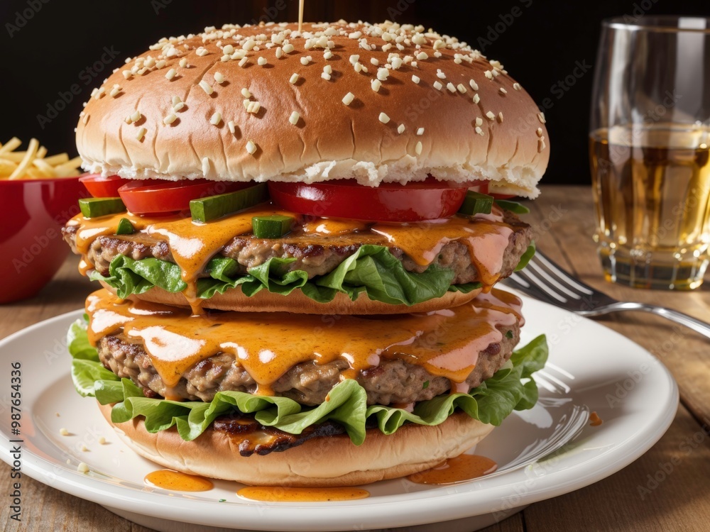 Classic Beef Burger with Melted Cheese and Bacon Generative Ai Classic Beef Burger with Melted Cheese and Bacon Generative Ai
