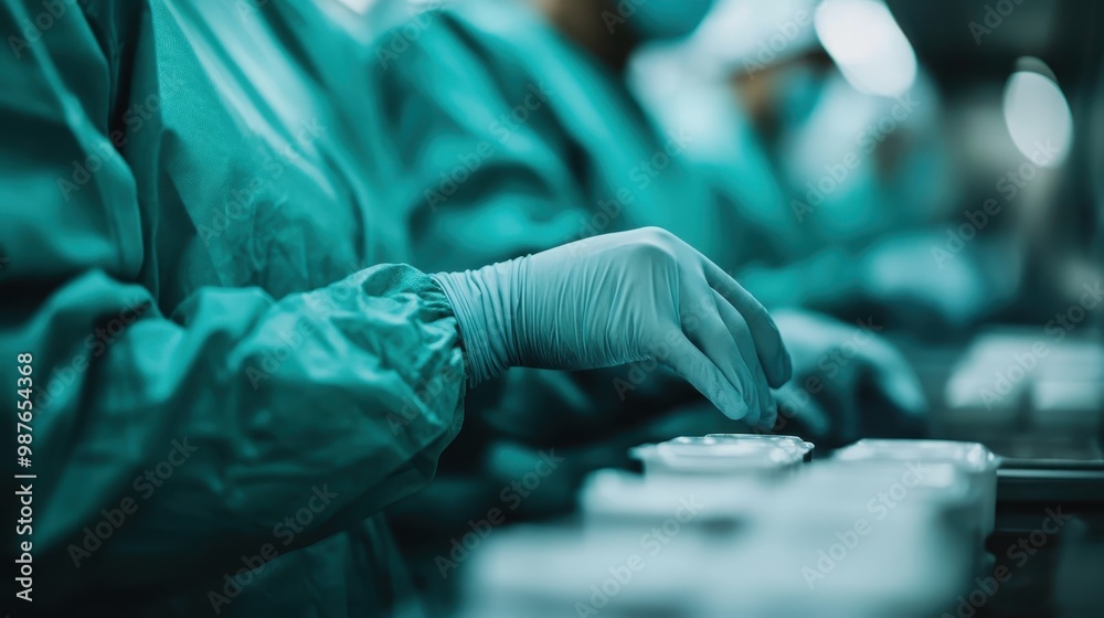 Medical professionals in sterile green scrubs and gloves busy at work in a brightly lit and controlled environment, emphasizing cleanliness and meticulous attention to detail. Medical professionals in sterile green scrubs and gloves busy at work in a brightly lit and controlled environment, emphasizing cleanliness and meticulous attention to detail.