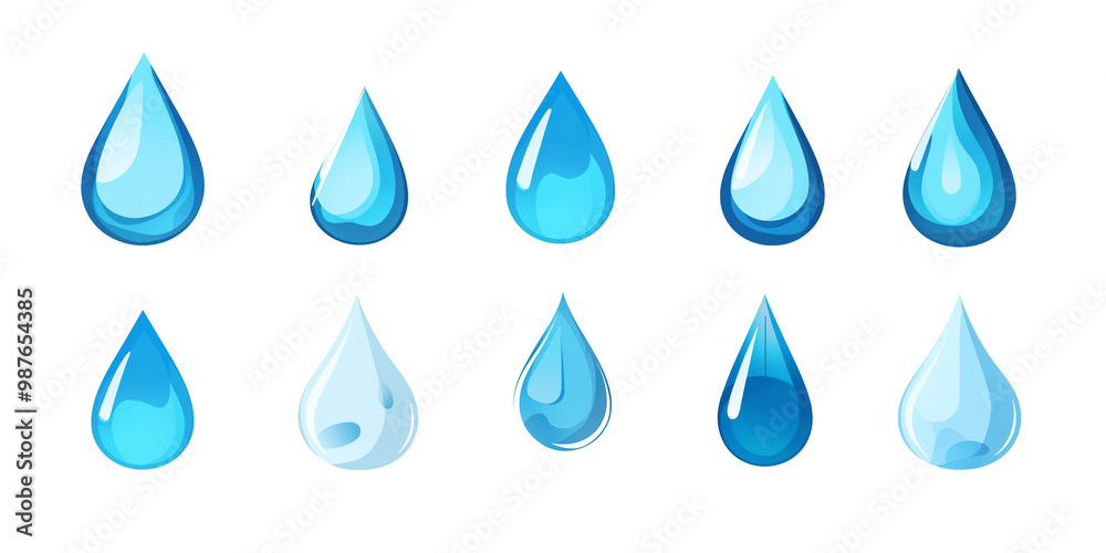 Blue Water Droplet Icons in Glossy Finish. A set of bright blue water droplet icons with glossy effects, ideal for representing water, freshness, hydration, and eco-friendly themes. Blue Water Droplet Icons in Glossy Finish. A set of bright blue water droplet icons with glossy effects, ideal for representing water, freshness, hydration, and eco-friendly themes.