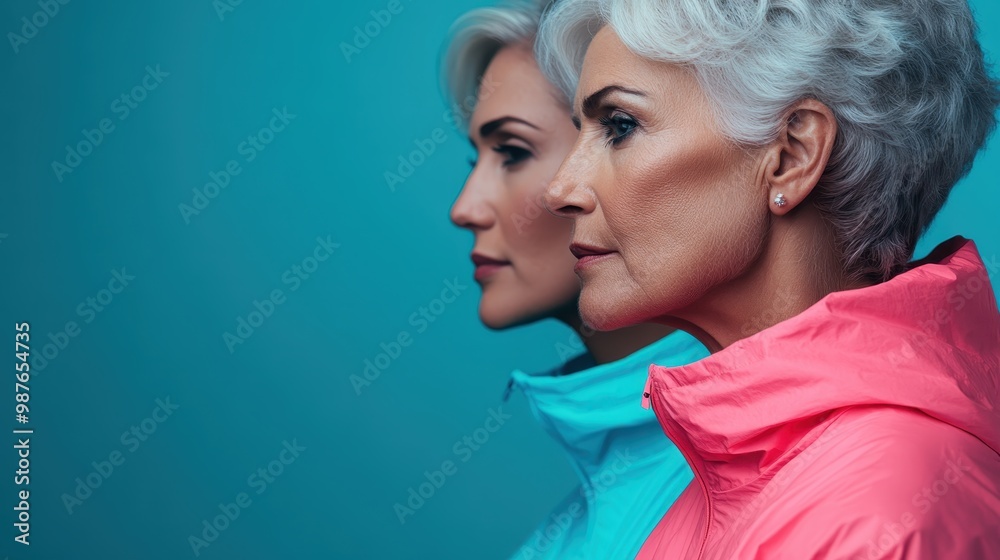 Two mature women with short hair and vibrant jackets, standing side by side against a blue background, expressing calmness and unity in style. Two mature women with short hair and vibrant jackets, standing side by side against a blue background, expressing calmness and unity in style.