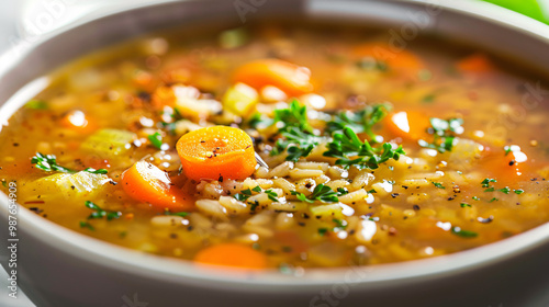 A close-up and horizontal shot of a rich chicken and wild rice soup with herbs. The light granite background and subtle shadows add a modern and minimalist touch. 