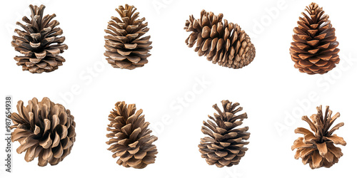 Realistic Pine Cones Collection in Various Sizes. A set of eight pine cones in different shapes and sizes, symbolizing nature, forest, and autumn themes