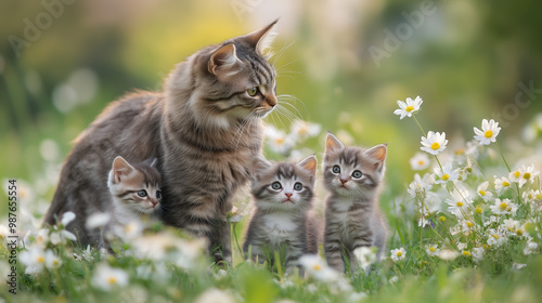 Cute mother cat with her kittens enjoying a sunny day in a lush green field, surrounded by flowers, with a bokeh background