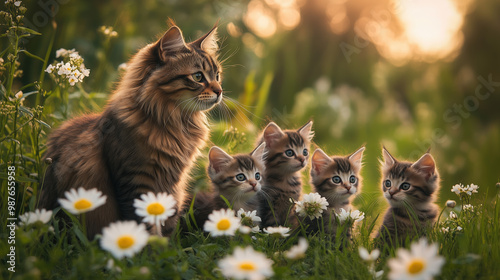 Cute mother cat with her kittens enjoying a sunny day in a lush green field, surrounded by flowers, with a bokeh background