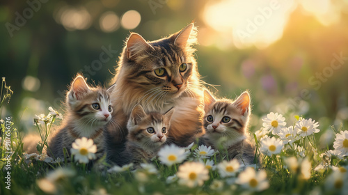 Cute mother cat with her kittens enjoying a sunny day in a lush green field, surrounded by flowers, with a bokeh background
