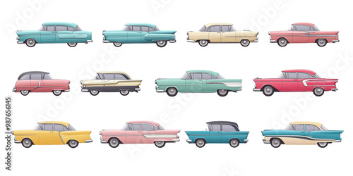 Retro Classic Cars Collection in Vintage Colors. A set of vintage-style classic cars in soft pastel tones, capturing the nostalgia of mid-century automobile design.
