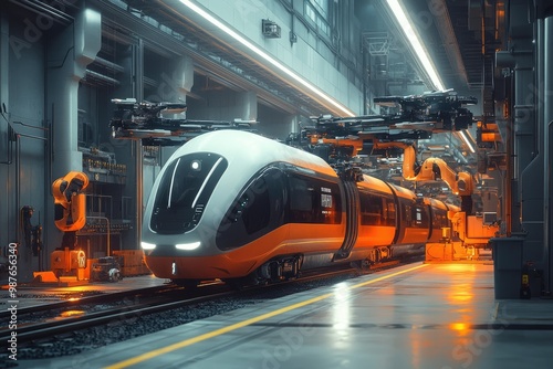 A futuristic train repair process with drones and robots assisting in the maintenance of train components, set against a sleek, industrial background