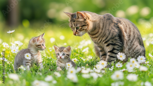 Cute mother cat with her kittens enjoying a sunny day in a lush green field, surrounded by flowers, with a bokeh background
