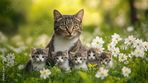 Cute mother cat with her kittens enjoying a sunny day in a lush green field, surrounded by flowers, with a bokeh background