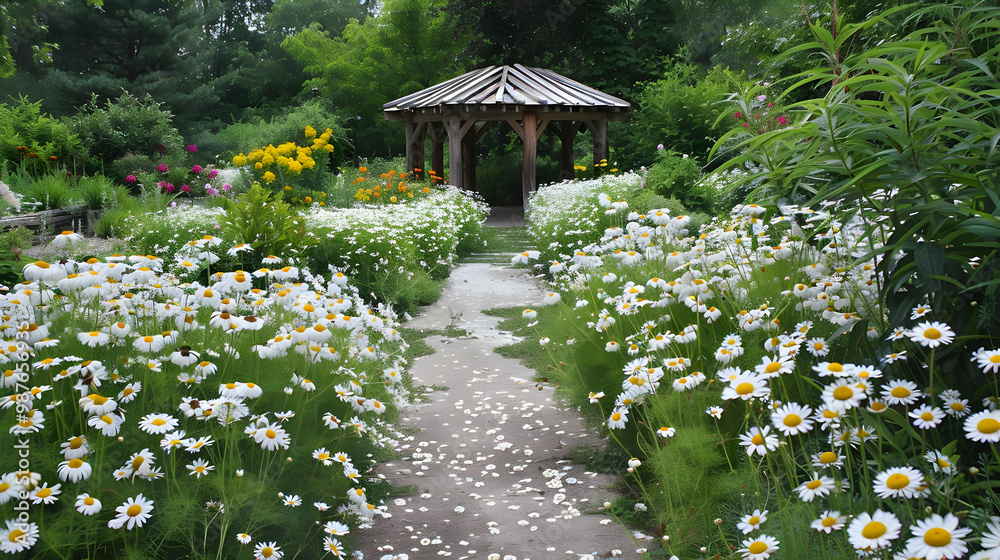 Serene Garden Path with Blooming Daisies and Gazebo Serene Garden Path with Blooming Daisies and Gazebo