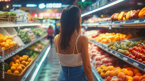 A young woman in a white top and blue jeans walks through a grocery store, browsing the fresh produce.