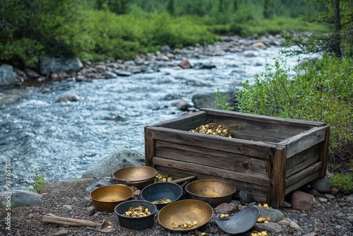 An old wooden sluice box next to a river, with gold pans and shovels scattered around, creating a nostalgic scene in the wilderness