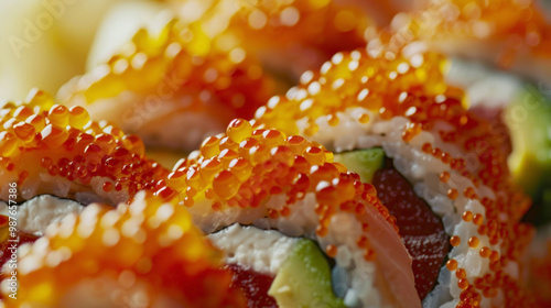 Close-Up: Spicy Sashimi Rolls with Tuna or Salmon, Avocado, Cucumber, Spicy Mayo, and Tobiko photo