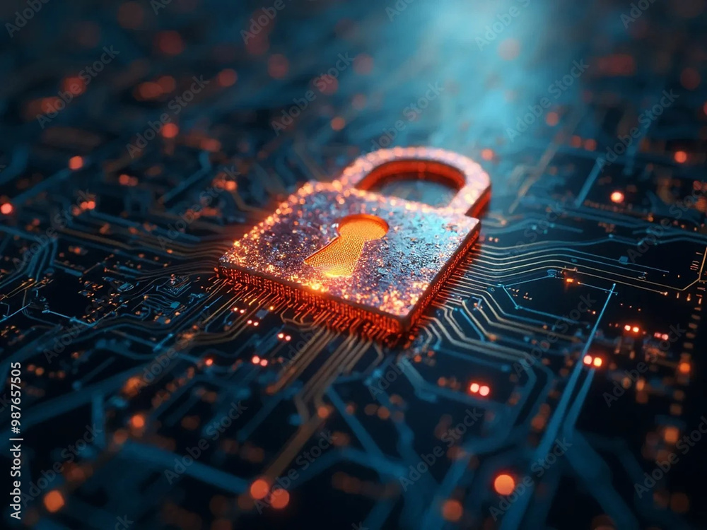 Fototapeta premium Digital lock icon over a circuit board