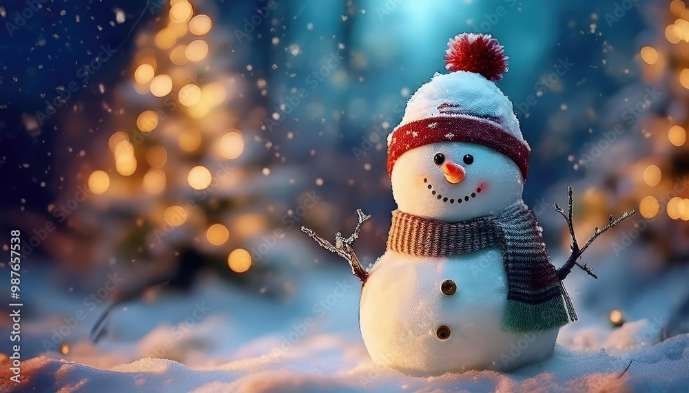 Snowman smiling and standing in snowfall with Christmas ornament. Winter morning landscape, bokeh forest background Snowman smiling and standing in snowfall with Christmas ornament. Winter morning landscape, bokeh forest background