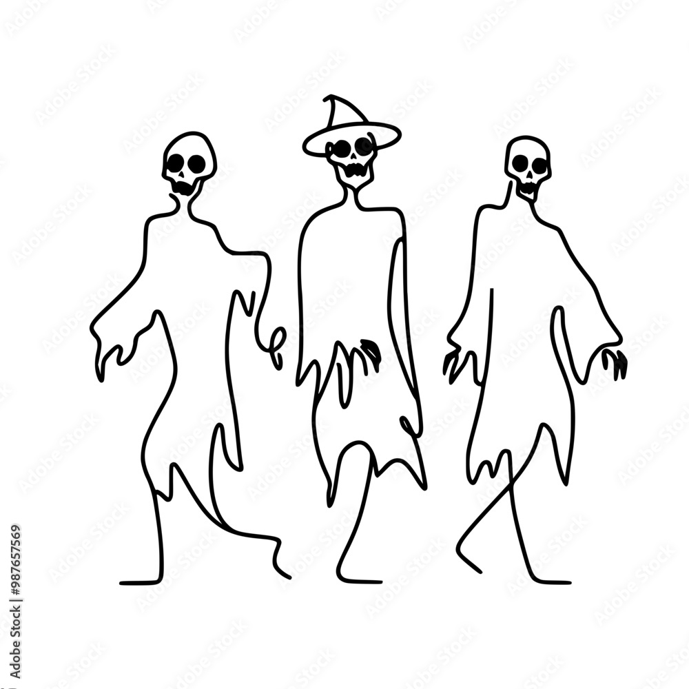Three figures, walking skeletons or zombies, central figure in hat, drawn as line, linear vector drawing