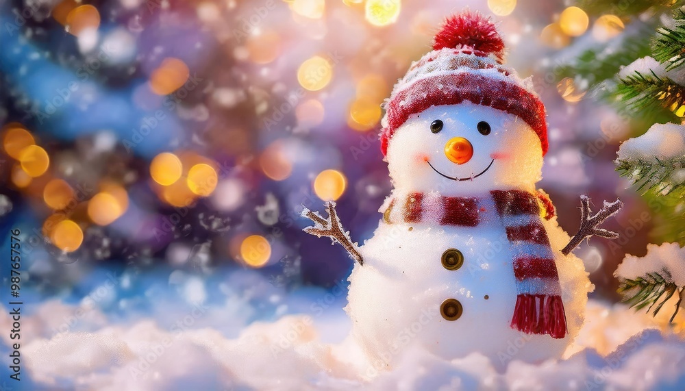 Snowman smiling and standing in snowfall with Christmas ornament. Winter morning landscape, bokeh forest background Snowman smiling and standing in snowfall with Christmas ornament. Winter morning landscape, bokeh forest background