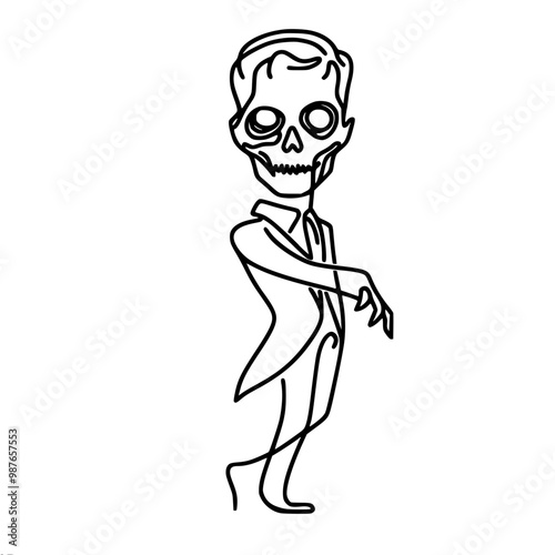 Minimalistic vector illustration of a standing Zombie with a large head and empty eye sockets, a torn leg, drawn in line art.