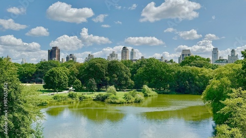 Lake side in summer when looking through the tree arch at central park Manhattan new york ,  NYC USA  .