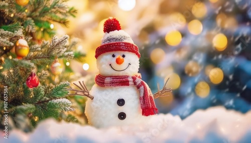 Snowman smiling and standing in snowfall with Christmas ornament. Winter morning landscape, bokeh forest background