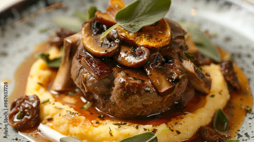 Porcini Veal Osso Buco: Tender veal shanks braised with porcini mushrooms and Marsala wine, served with creamy polenta and crispy sage. Porcini Veal Osso Buco: Tender veal shanks braised with porcini mushrooms and Marsala wine, served with creamy polenta and crispy sage.