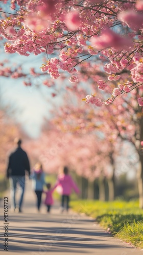 People walking through a cherry blossom path, defocused