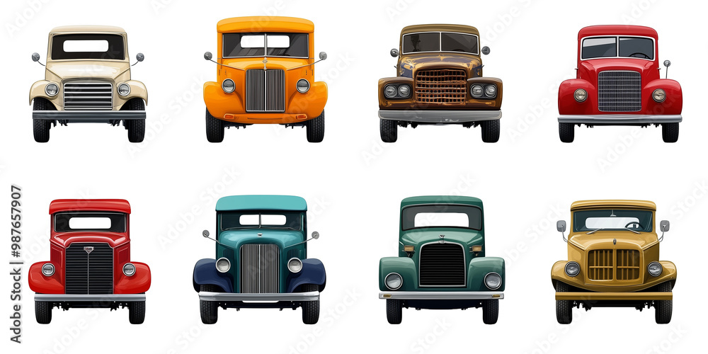 Retro Pickup Trucks Collection in Various Colors. A collection of classic pickup trucks in various colors, showcasing the rugged, timeless design of vintage vehicles Retro Pickup Trucks Collection in Various Colors. A collection of classic pickup trucks in various colors, showcasing the rugged, timeless design of vintage vehicles