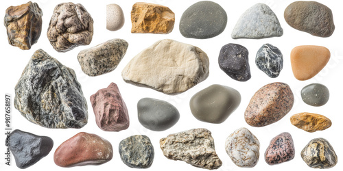 Natural Stones and Pebbles Collection. A variety of natural stones and pebbles with unique textures and colors, perfect for nature, geology, and landscaping themes photo