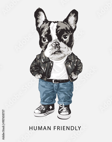 human friendly slogan with cartoon dog in leather jacket vector illustration