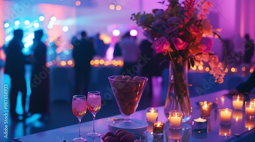 A dimly lit party with warm lighting and a blurred background. People are gathered around a table with drinks and snacks.