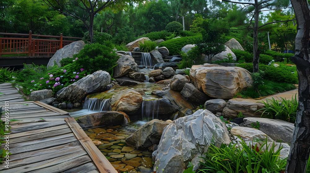 Fototapeta premium Serene Japanese Garden with Water Feature and Stone Pathway