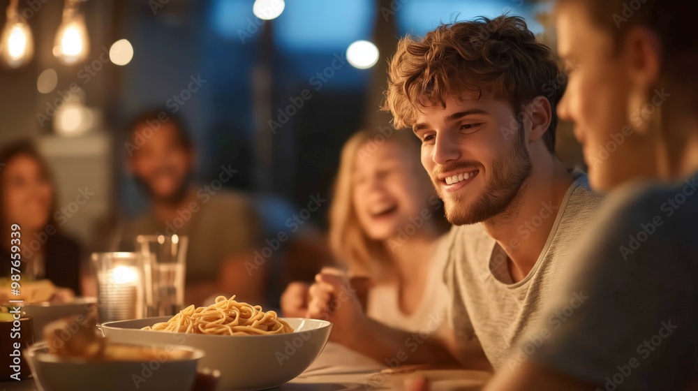 A lively scene of family and friends gathered around a table, enjoying bowls of pasta, laughter, and conversation, showcasing the joy of cooking together. A lively scene of family and friends gathered around a table, enjoying bowls of pasta, laughter, and conversation, showcasing the joy of cooking together.