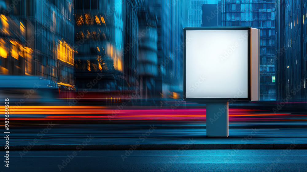 Obraz premium Blank Billboard Mockup in Urban Cityscape with Motion Blur and Lights