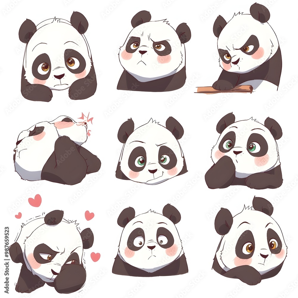 A set of nine adorable panda bear emoticons with a variety of expressions, perfect for adding a touch of cuteness to your digital communications. A set of nine adorable panda bear emoticons with a variety of expressions, perfect for adding a touch of cuteness to your digital communications.